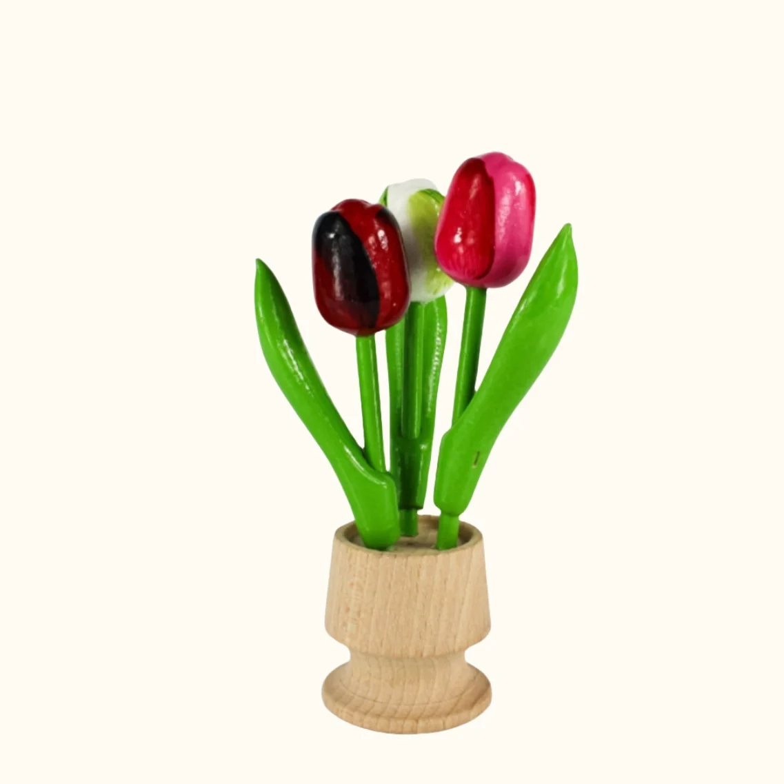 Dutch Groceries 3 Tulips in Wooden Jar (Aubergine, White, Purple)