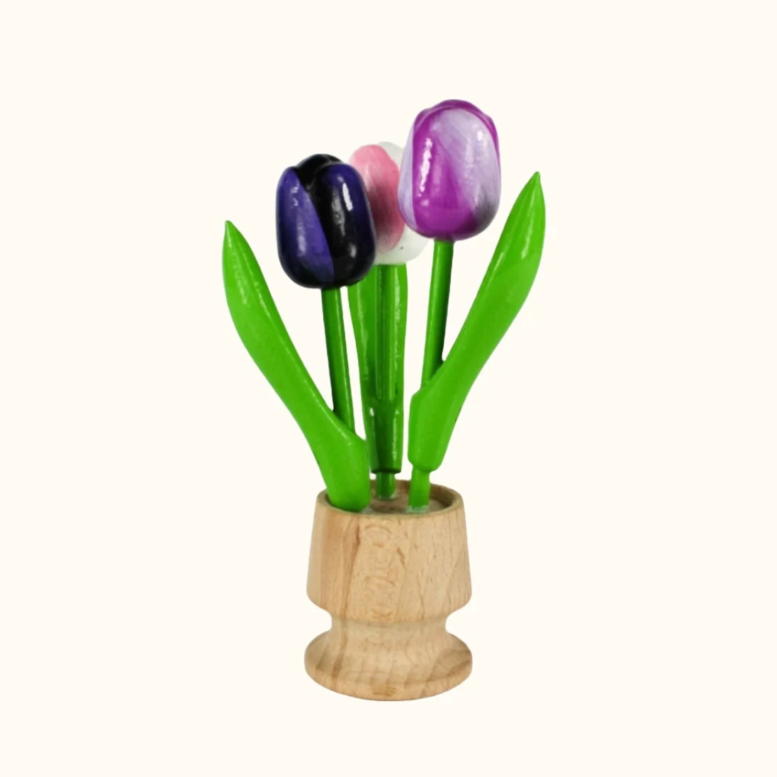 Dutch Groceries 3 Tulips in Wooden Jar (Red, White, Purple)