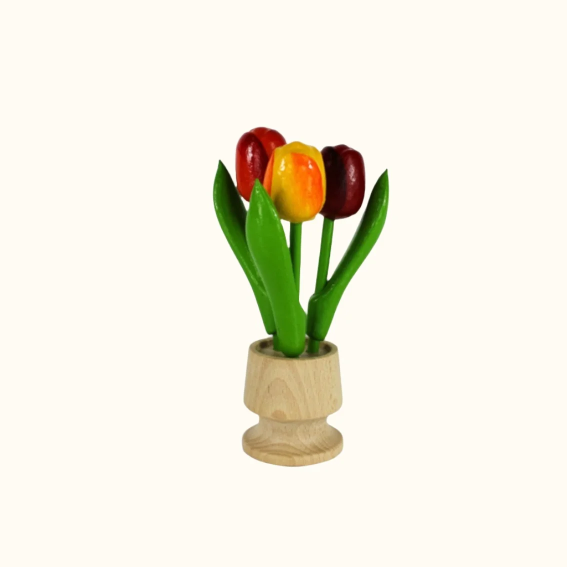 Dutch Groceries 3 Tulips in Wooden Jar (Red, Yellow Orange)