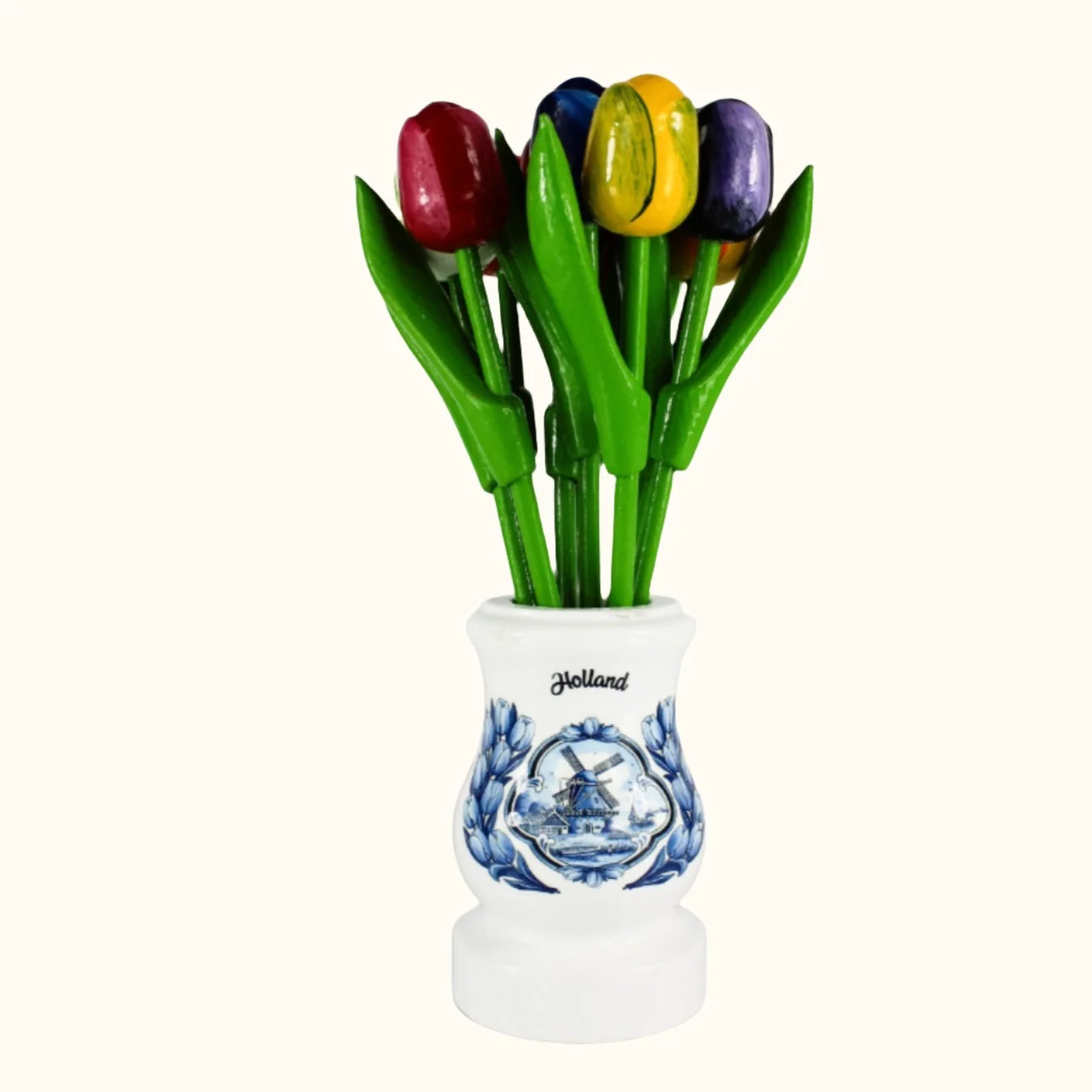 Dutch Groceries 9 Tulip Bouquet Small in Wooden Vase Delft Blue 23cm
