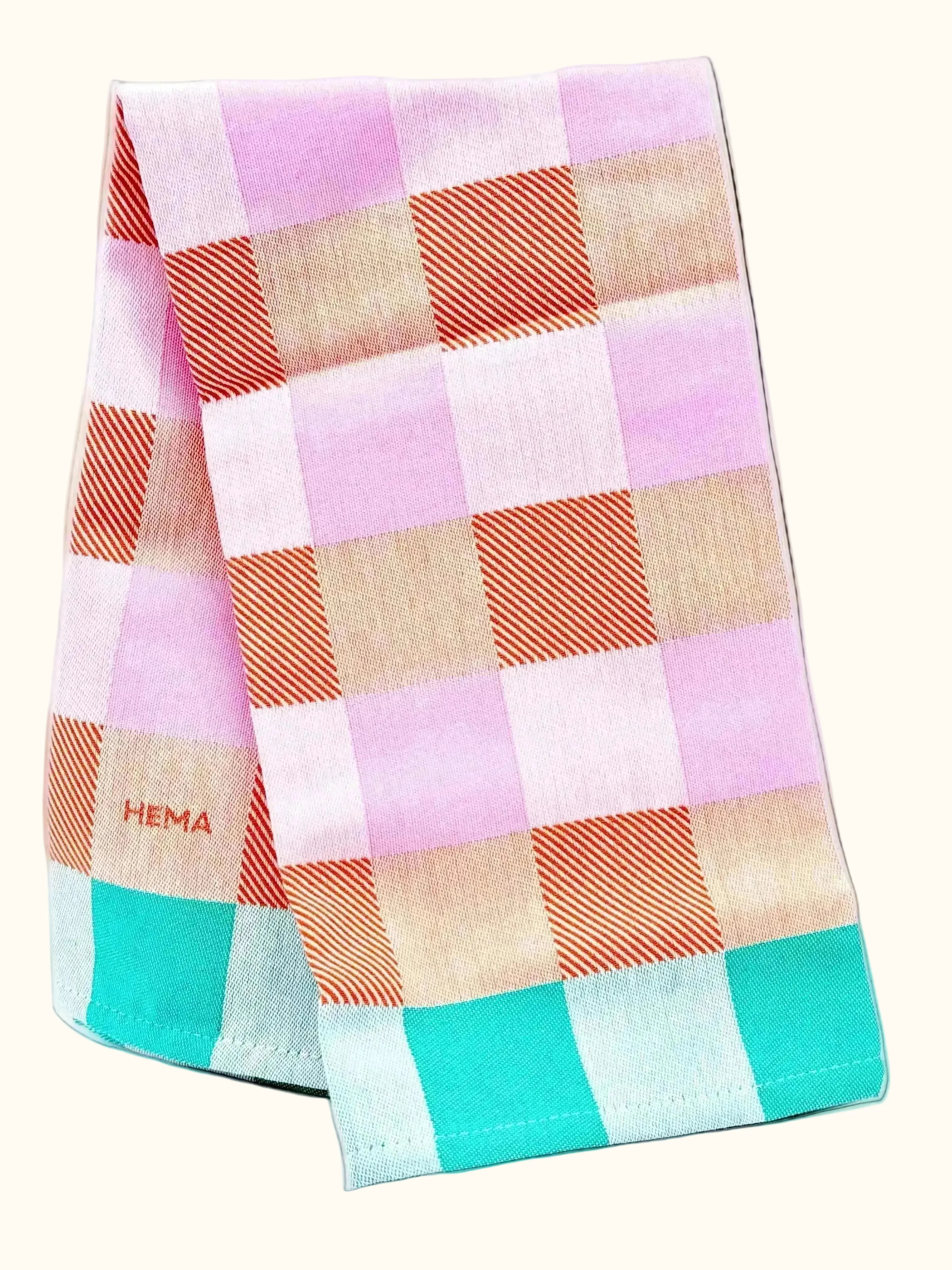 Hema Pink & Green Blocks Tea Towel 65x65cm
