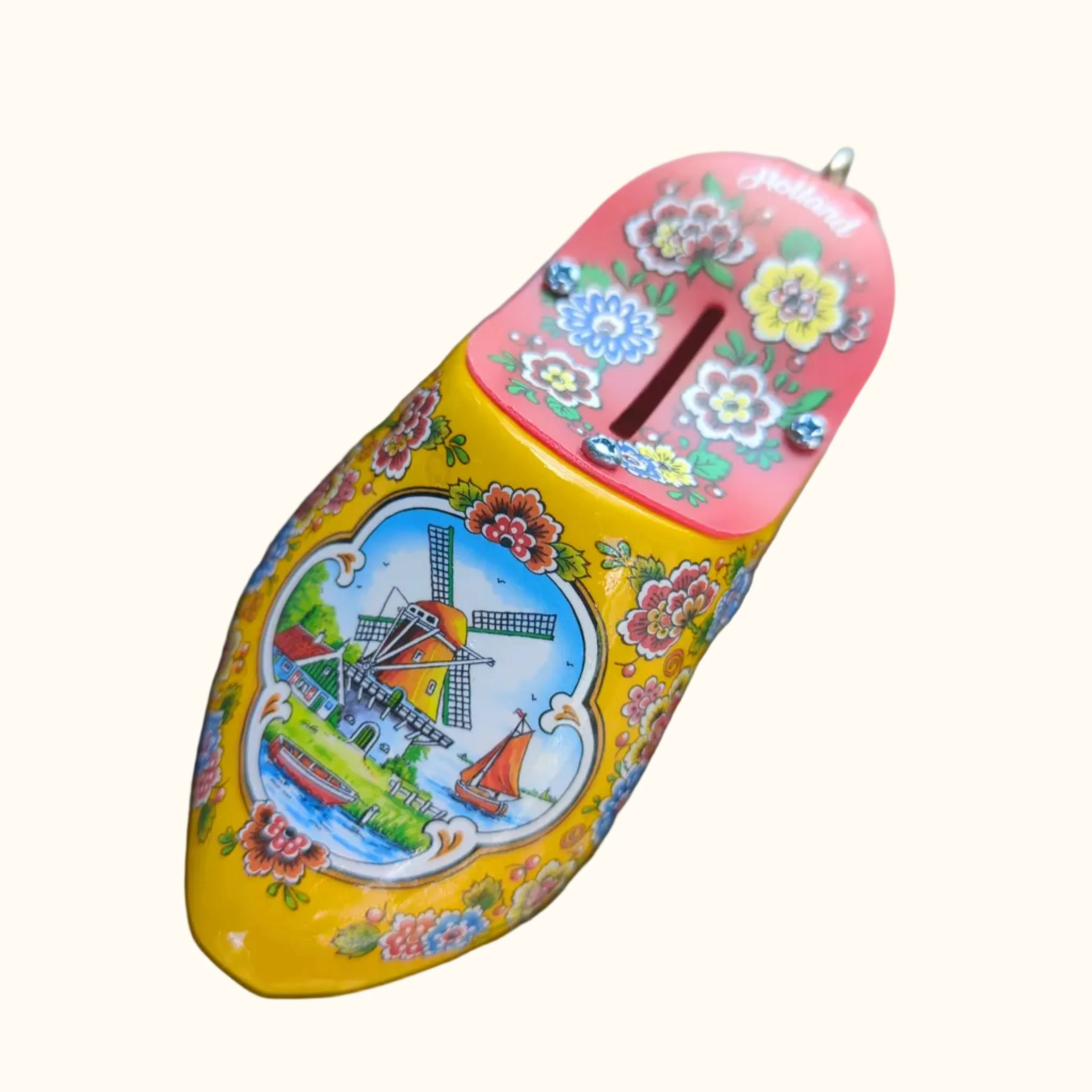 Money Box Wooden Shoe Yellow 14cm